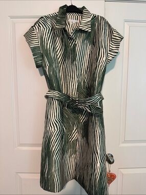 Preston & York Green and White Striped Mini Shirt Dress with Waist Tie